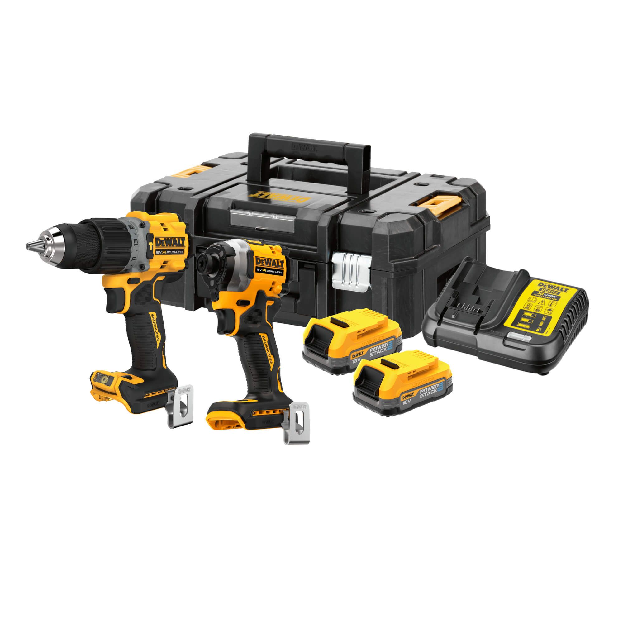 DCK2050E2T_K1 DeWalt DCK2050E2T 18v XR Brushless Compact Twin Drill Kit Inc. 2 x 1.7ah Powerstack Batteries - Image 1
