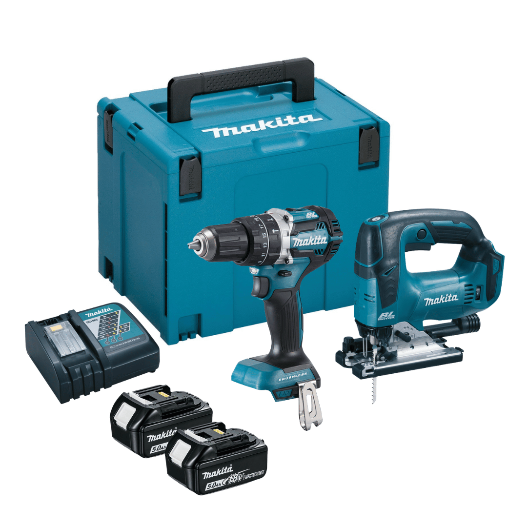 dlx2022tj1 Makita DLX2202TJ1 18v LXT Brushless Combo Kit DHP484 Drill & DJV182 Jigsaw Inc. 2x5.0ah Batteries - Image 1