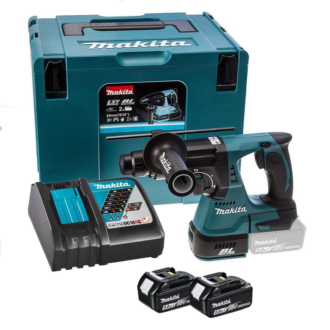 makdhr242rtj Makita DHR242RTJ 18v LXT Brushless SDS+ Hammer Drill Kit Inc. 2x5.0AH Batteries - Image 1