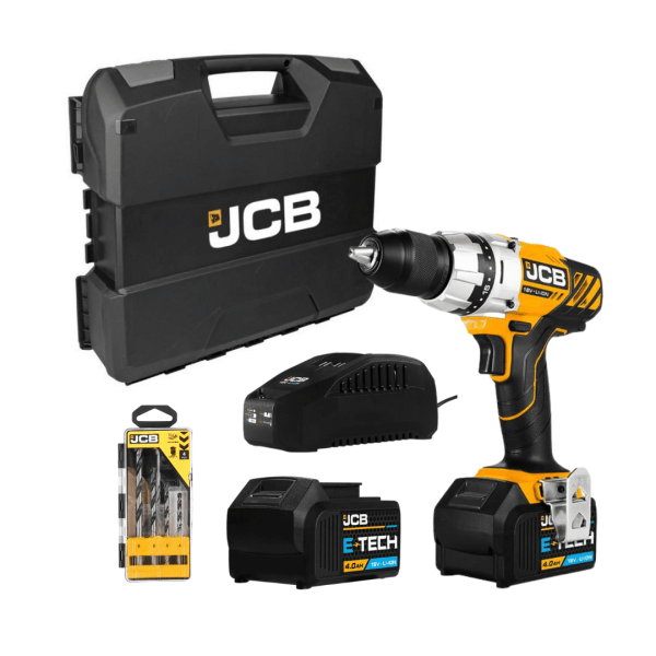 JCB 18V Brushless Combi Drill 2x 4.0Ah Battery in W-Boxx 136 with 4 Piece Multi Purpose Bit Set