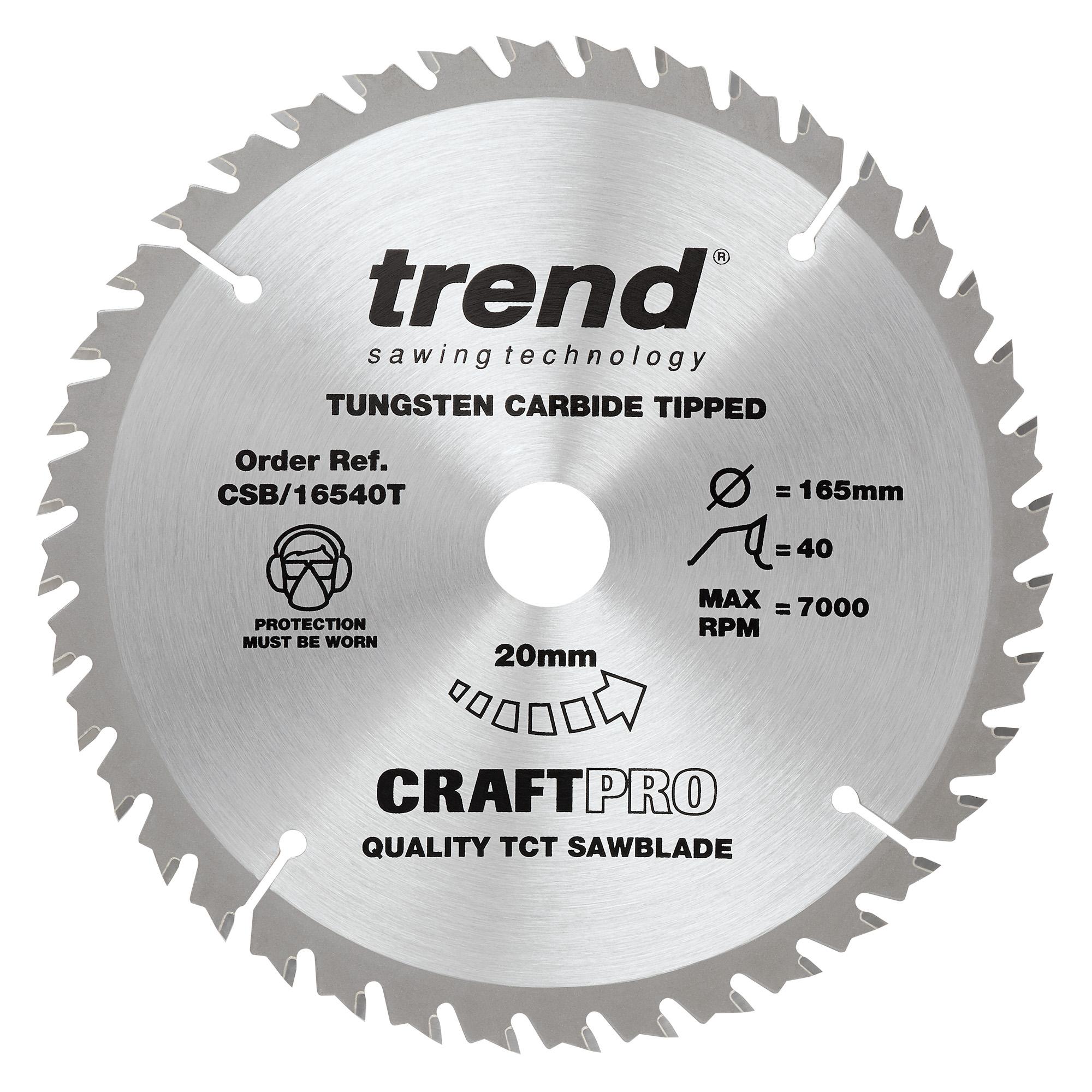 Trend CSB/16540T Trend Craft Pro 165mm diameter 20mm bore 40 tooth fine finish cut thin kerf saw blade for cordless circular saws - Image 1