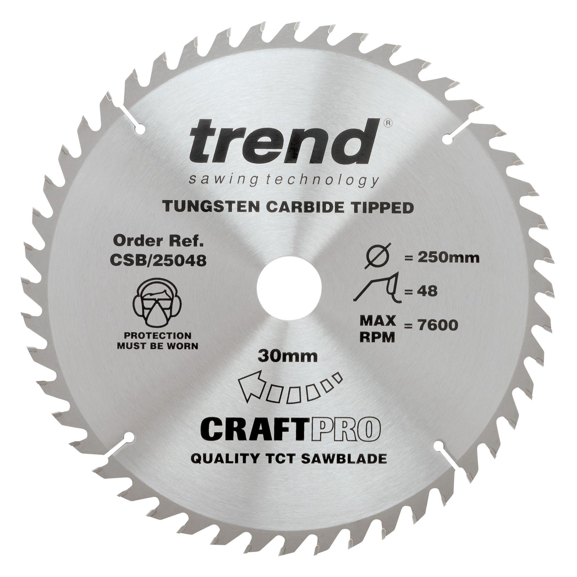 Trend CSB/25048 Craft Pro 250mm diameter 30mm bore 48 tooth general purpose saw blade for table saws. - Image 1