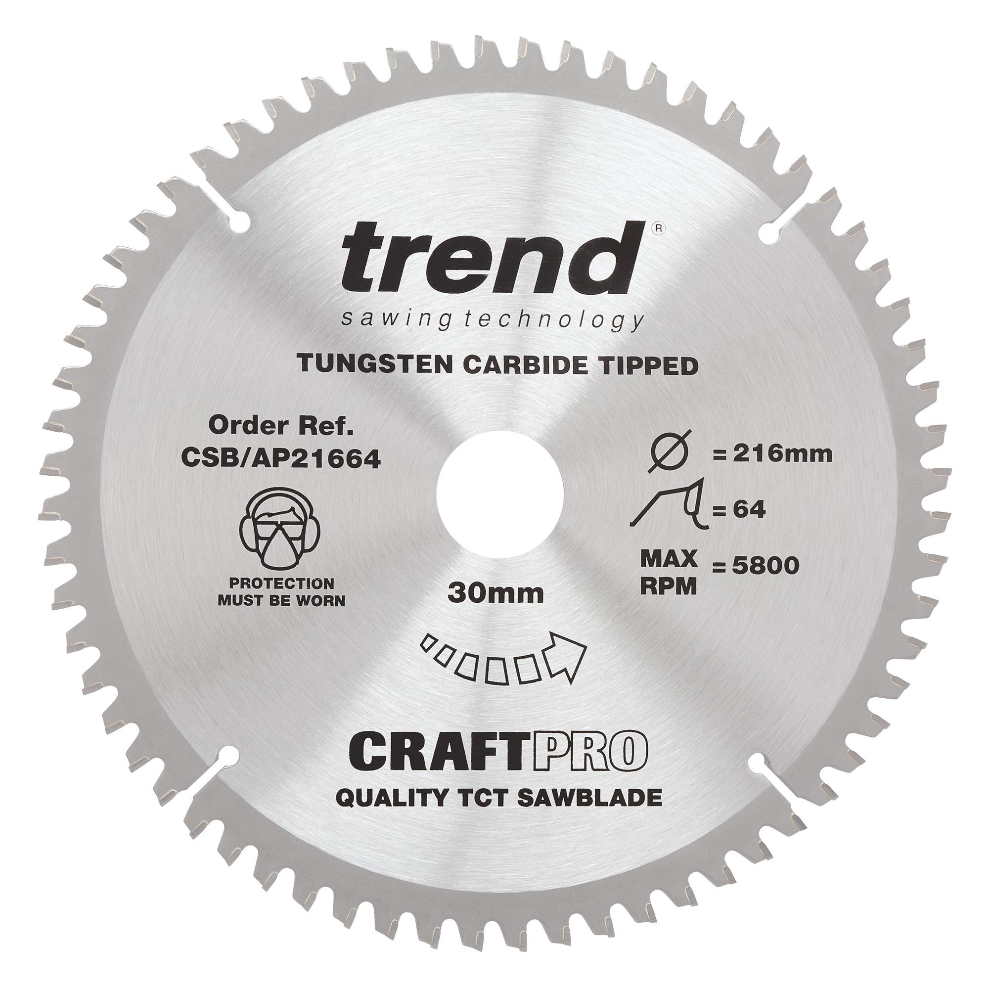 csb_ap21664_main Trend CSB/AP21664 The Craft Pro 216mm diameter 30mm bore 64 tooth aluminium and plastics saw blade for mitre saws - Image 1