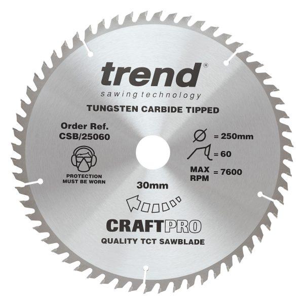 Trend CSB/25060 Craft Pro 250mm diameter 30mm bore 60 tooth fine finish cut saw blade for table saws