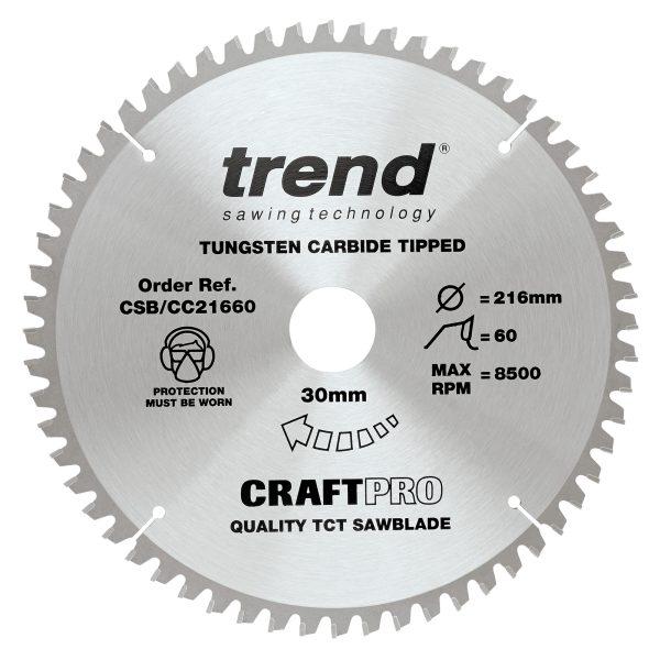Trend CSB/CC21660 Craft Pro 216mm diameter 30mm bore 60 tooth fine finish cut saw blade for hand held circular saws