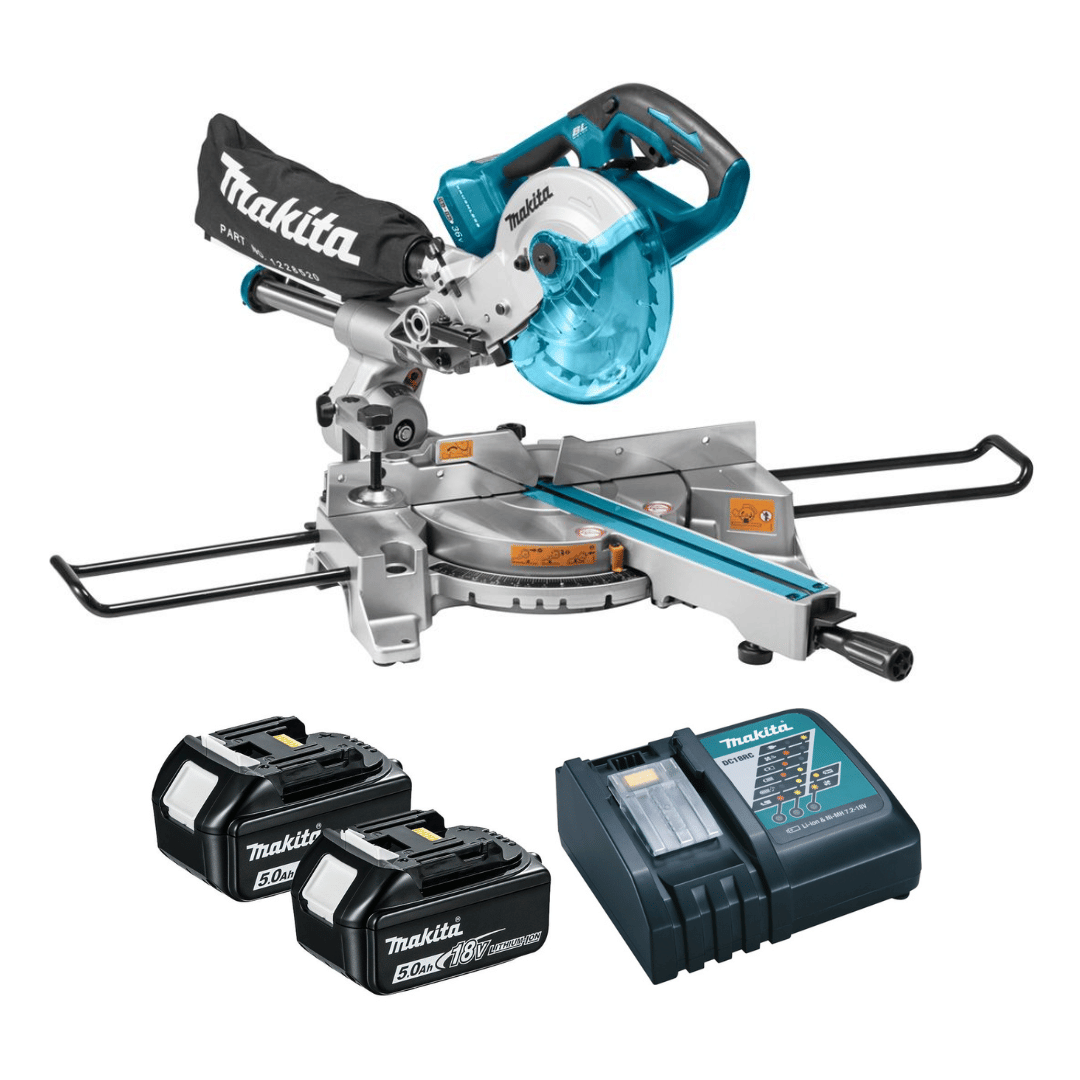 Makita DLS714 Twin 18v LXT 190mm Brushless Slide Mitre Saw with 2x5.0ah Batteries & Charger - Image 1