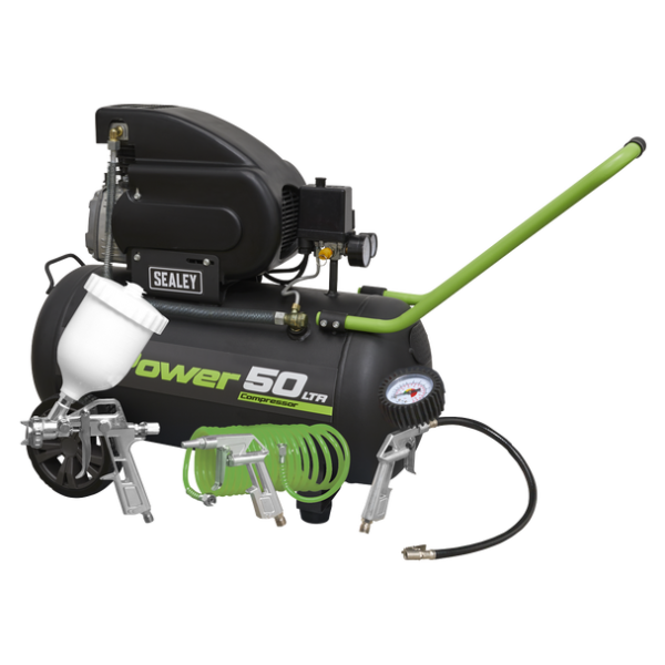 Sealey 50L Direct Drive Air Compressor 2hp + 4pc Air Accessory Kit