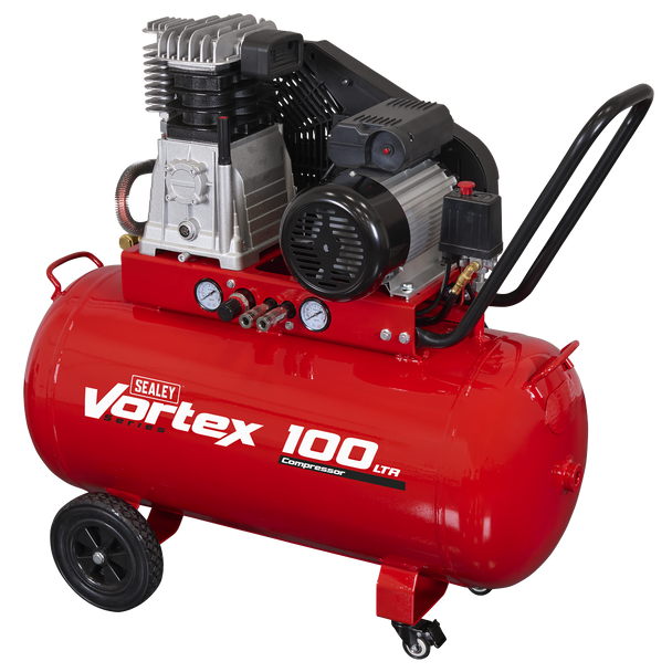 SAC1103B Sealey 100L Belt Drive Air Compressor with Cast Cylinders & Wheels 3.5hp - Image 1