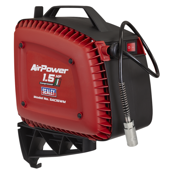 SAC15WM_DFC1664038__32558 Sealey Wall Mounting Oil Free Air Compressor 1.5hp with 7m Retractable Hose Reel - Image 1