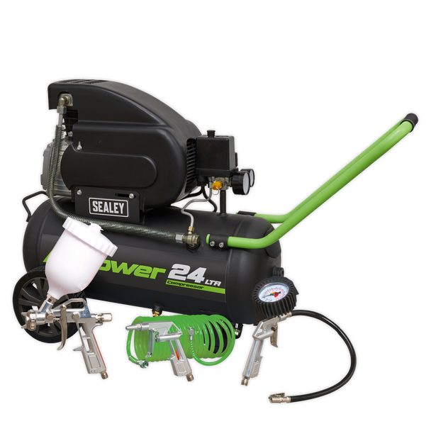 Sealey 24L Direct Drive Air Compressor 2hp + 4pc Air Accessory Kit - Image 1