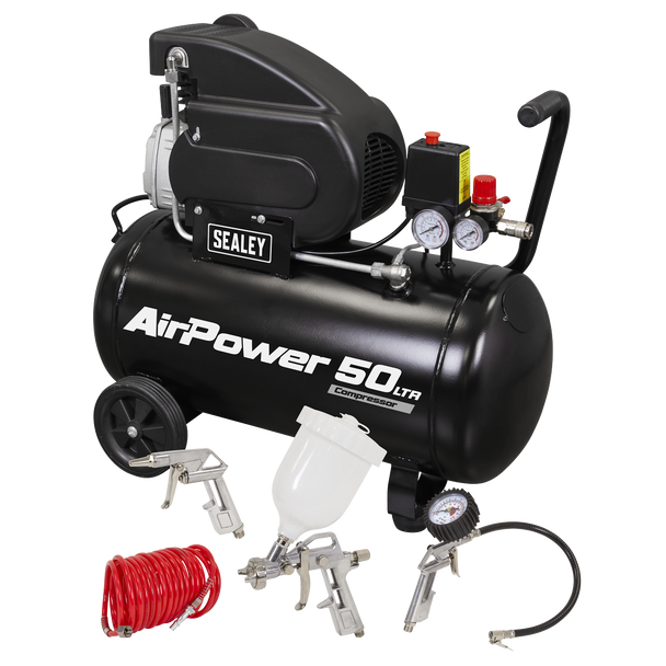 Sealey 50L Direct Drive Air Compressor 2hp + 4pc Air Accessory Kit - Image 1