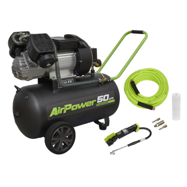 Sealey 50L V-Twin Direct Drive Air Compressor 3hp + Air Accessory Kit